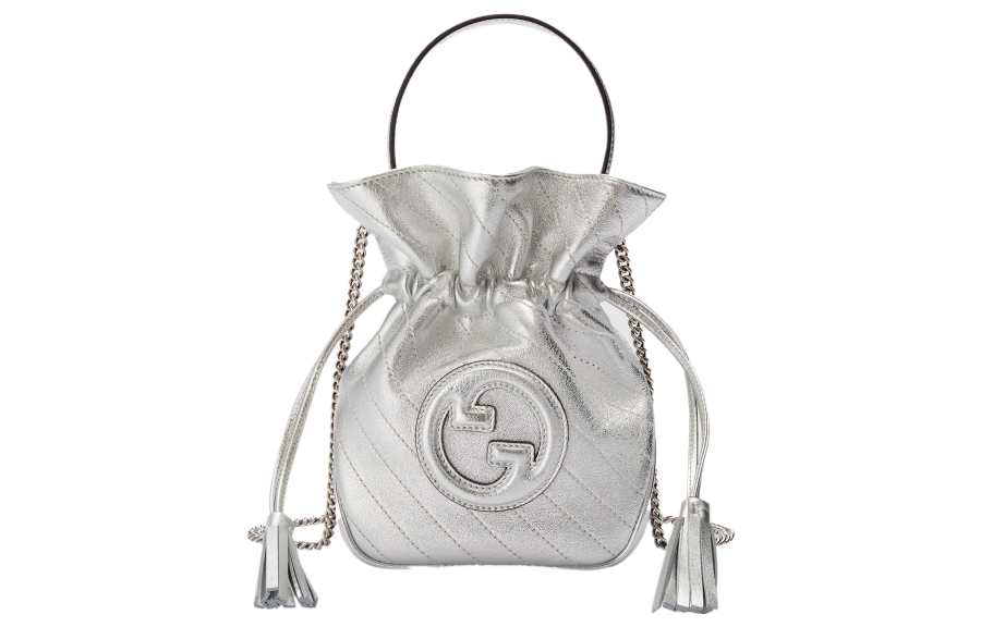 GUCCI Blondie Leather Bucket Bag, Portable Crossbody Bag, Shoulder Bag Mini Women's Silver