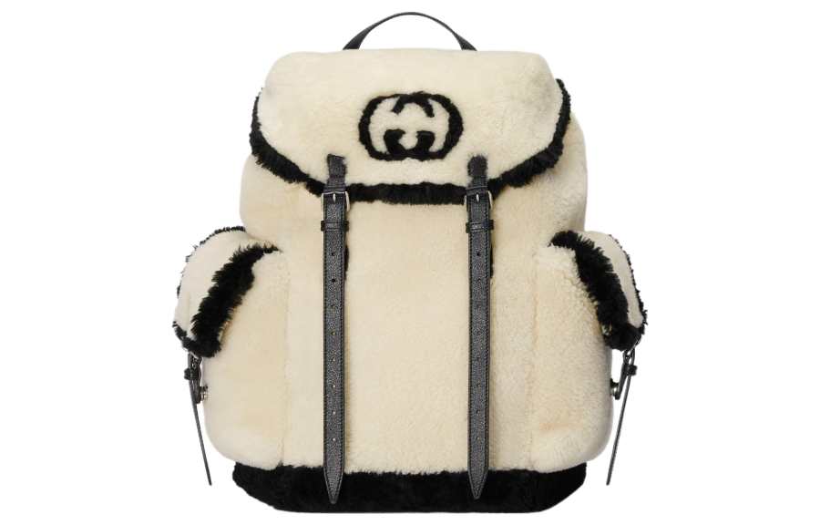 GUCCI GUCCI Shearling With Leather Backpack Men's Gray & White & Black