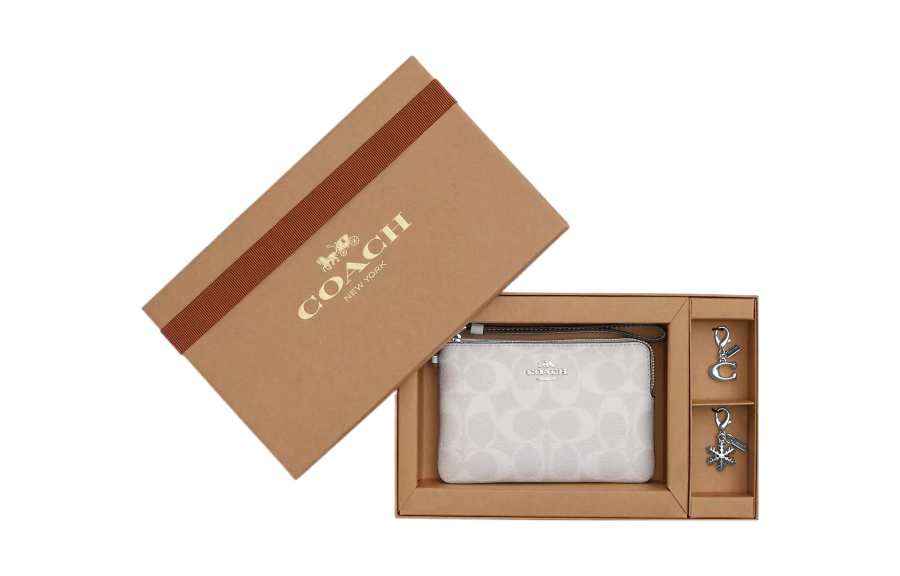 COACH Corner Zip Canvas With Leather Wallet Clutch Small Women's Silver & Chalk