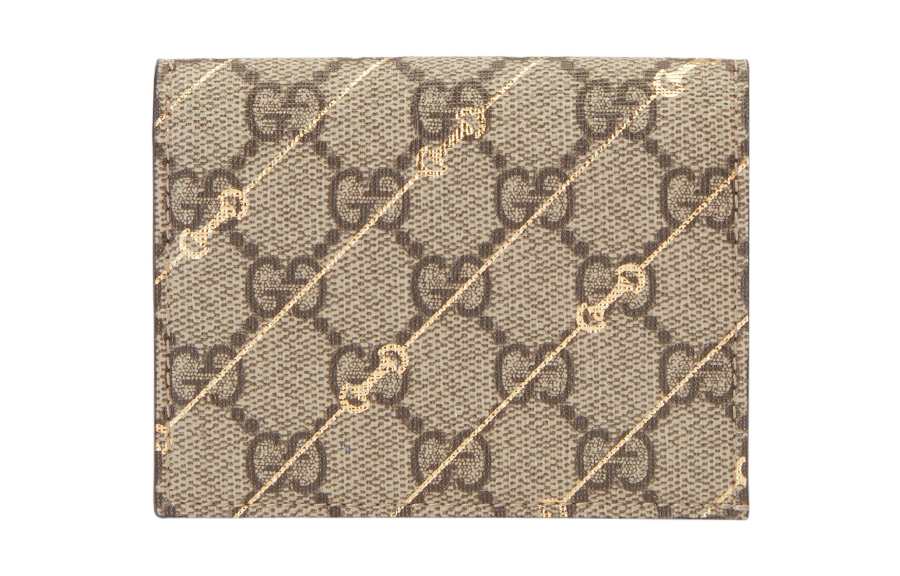 GUCCI Canvas With Leather Card Holder Women's Beige & Ebony