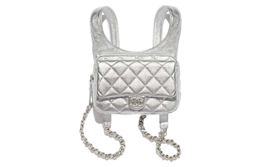 CHANEL Metal Texture Lambskin With Silver Tone Buckle Backpack Women's Silver