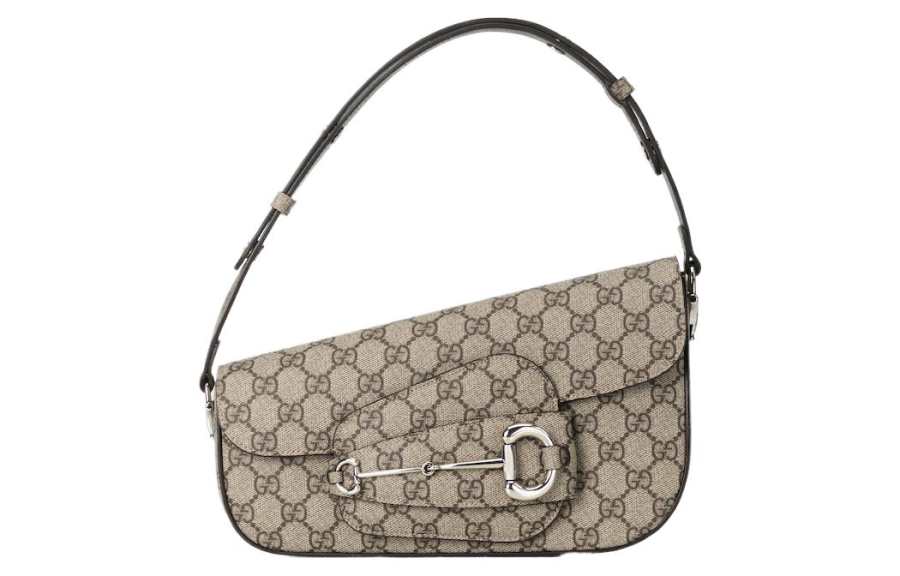GUCCI Horsebit 1955 Canvas With Leather Portable Canvas Bag, Shoulder Bag Women's Beige & Ebony