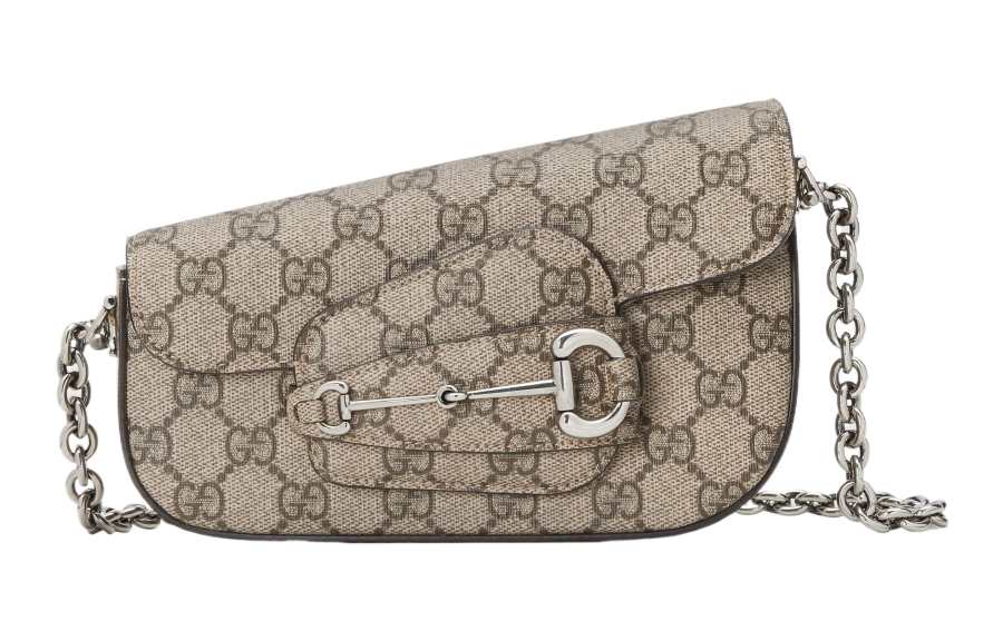 GUCCI Horsebit 1955 Canvas With Leather Handbag, Shoulder Bag Women's Beige & Ebony