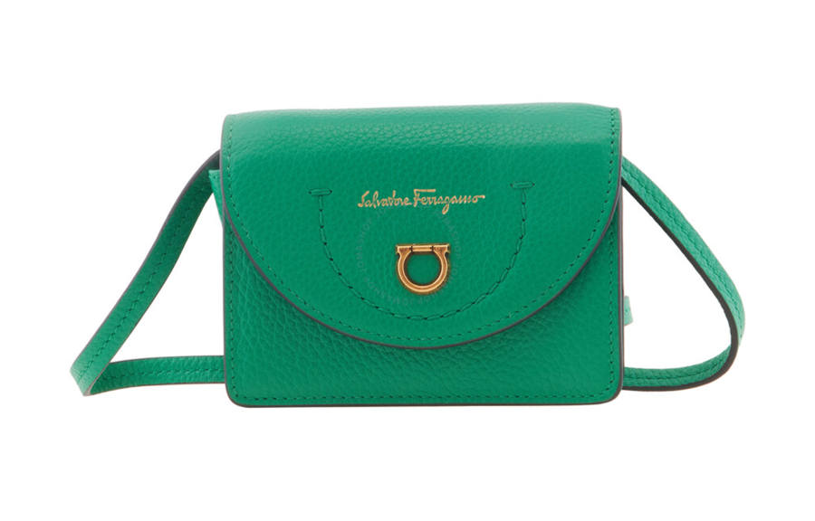 FERRAGAMO Leather One Shoulder Crossbody Card Holder Women's Green