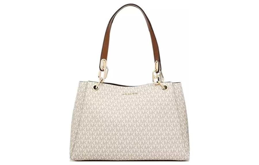 MICHAEL KORS PVC Handbag, Shoulder Bag Women's Vanilla White & Acorn Brown