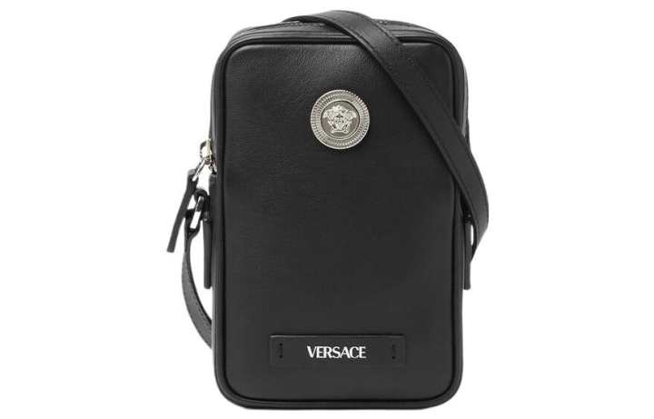 VERSACE VERSACE MEDUSA BIGGIE Cow Leather Cell Phone Pouch, Shoulder Bag, Crossbody Bag Small Men's Black