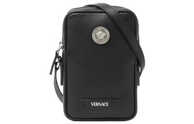 VERSACE MEDUSA BIGGIE Cow Leather Cell Phone Pouch, Shoulder Bag, Crossbody Bag Small Men's Black