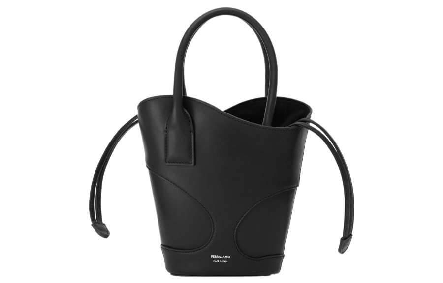 FERRAGAMO Smooth Calfskin Bucket Bag, Shoulder Bag, Crossbody Bag, Handbag Small Women's Black
