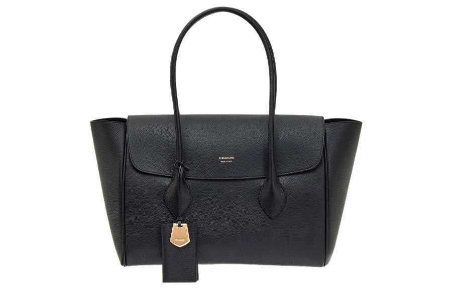 FERRAGAMO Hammered Calfskin Tote Bag, Shopping Bag, Handbag Large Women's Black
