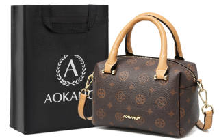 AOKANG PVC Boston Bag, Monogram Bag, Commute Bag, Crossbody Handbag Regular Women's Coffee/Ecru