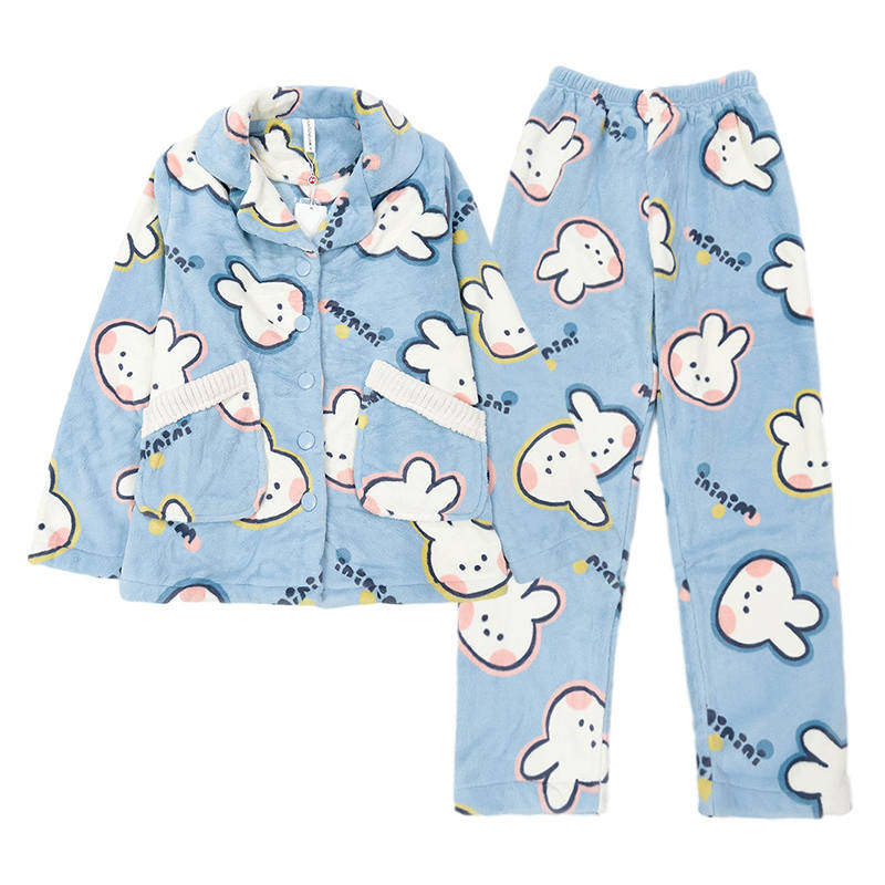 FENTENG Cartoon Cute Flannel Lapel Thickened And Fleece Lined Casual Long Sleeved Pants Pajama Set Women's