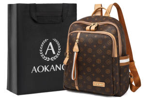 AOKANG PVC Backpack Laptop Bag Women's Coffee/Ecru