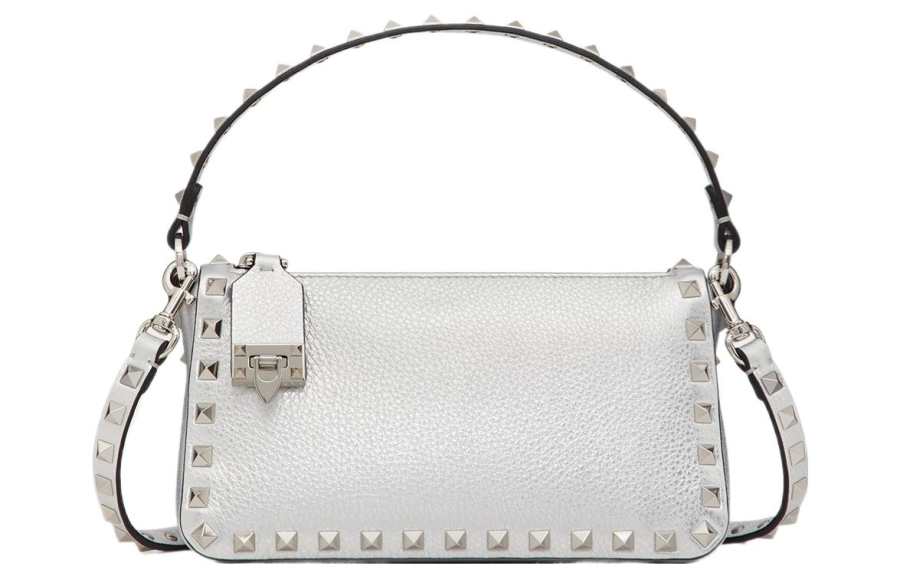 Valentino Rockstud Detachable Strap Grain Calfskin Baguette Bag, Shoulder Bag, Handbag Small Women's Silver