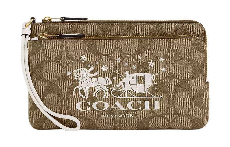 COACH Double Zip Wallet Canvas With Leather Wrist Bag Clutch Wallet Women's Khaki & Chalk