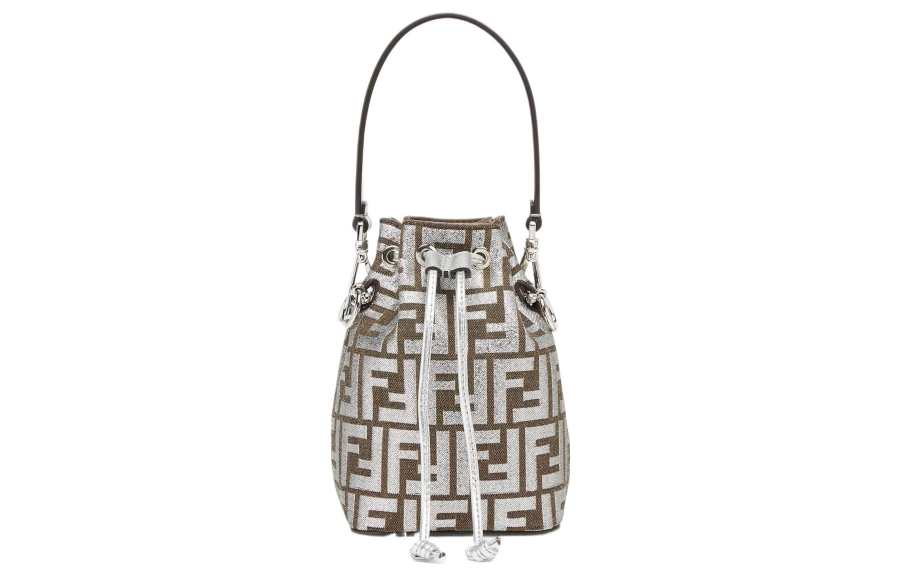 FENDI Mon Tresor Viscose Blend With Mulberry Silk Bucket Bag, Shoulder Bag, Crossbody Bag, Handbag Small Women's Silver
