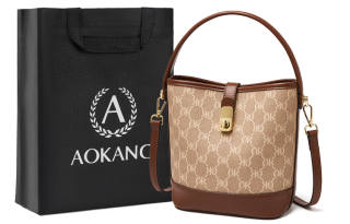 AOKANG PVC Synthetic Leather Bucket Bag, One Shoulder Handbag Medium Women's Coffee Brown/Cream Apricot