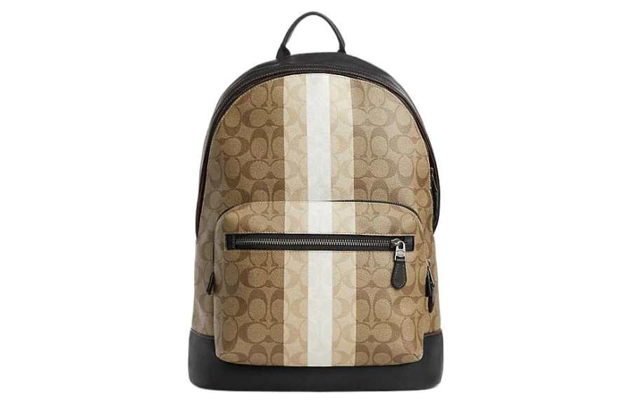 COACH West PVC With Cow Leather And Fabric Backpack Large Unisex Khaki & Mixed Color
