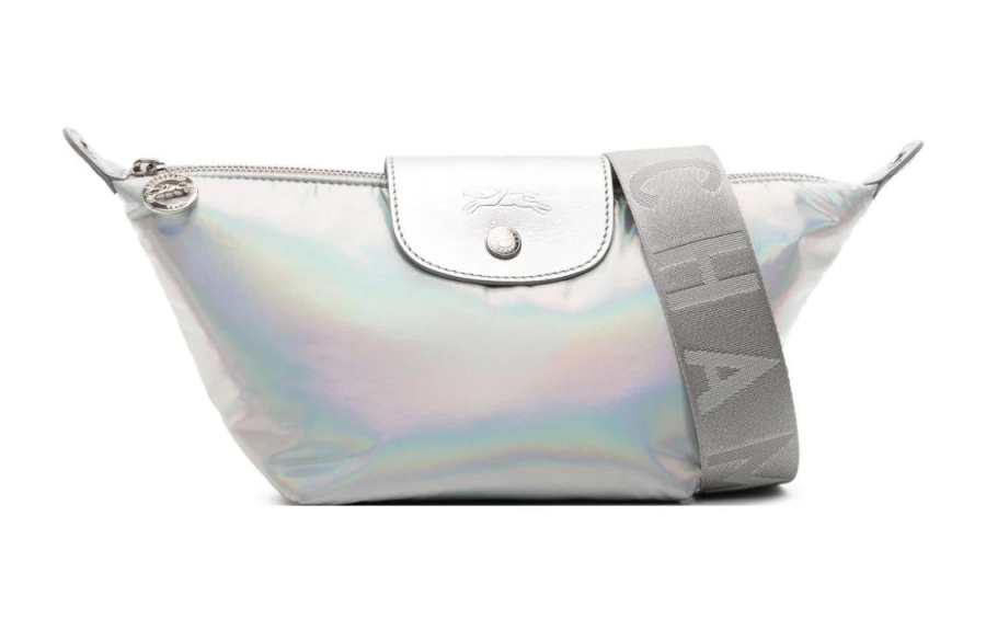 LONGCHAMP Le Pliage Collection Holographic Effect Canvas With Calfskin Trim Shoulder Bag, Crossbody Bag Women's Silver