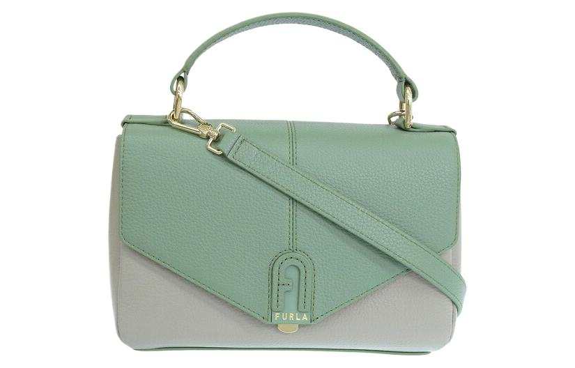 Furla Leather Shoulder Bag, Crossbody Bag, Handbag Small Women's Green & Marble Gray