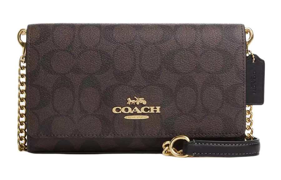 COACH Clutch Canvas With Leather Shoulder Bag, Crossbody Bag Small Women's Brown Black