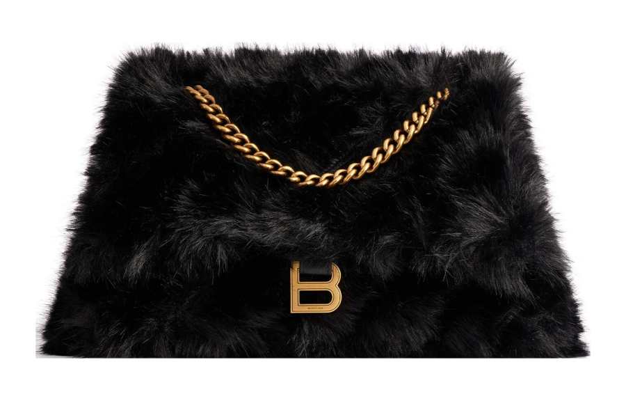 Balenciaga Crush Faux Fur Handbag, Shoulder Bag Women's Black