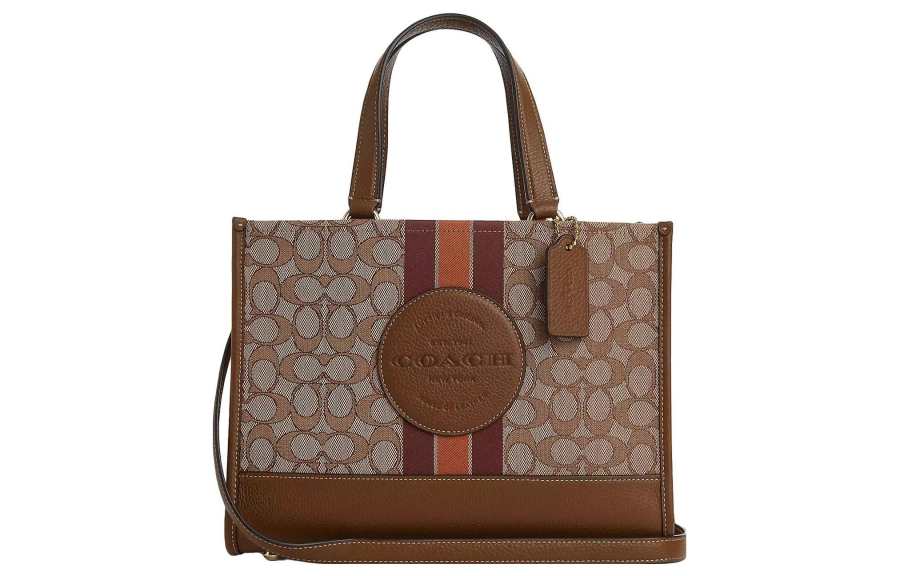 COACH Dempsey Fabric With Cow Leather One Shoulder Handbag Large Women's Khaki & Saddle Brown