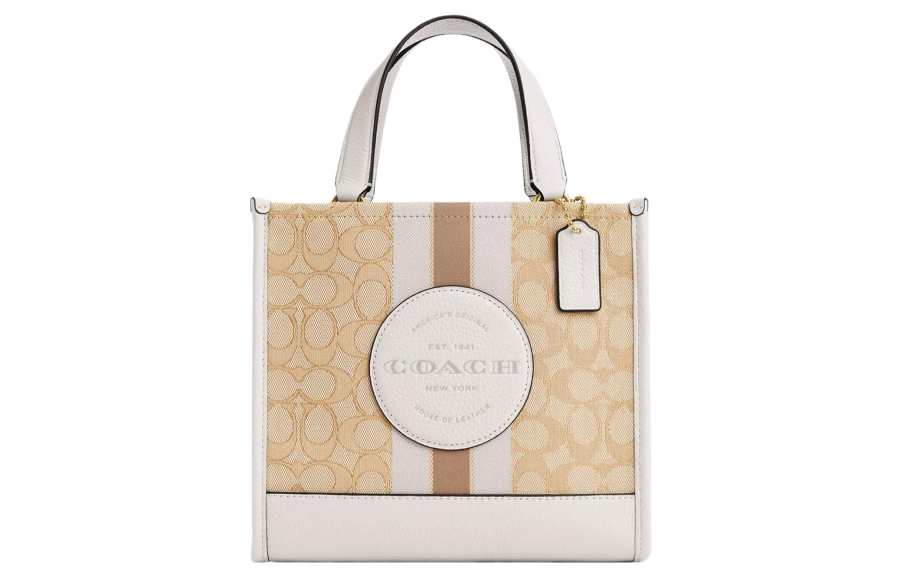 COACH Dempsey Fabric With Cow Leather Tote Bag, Shopping Bag, Handbag Small Women's Gold & Light Khaki
