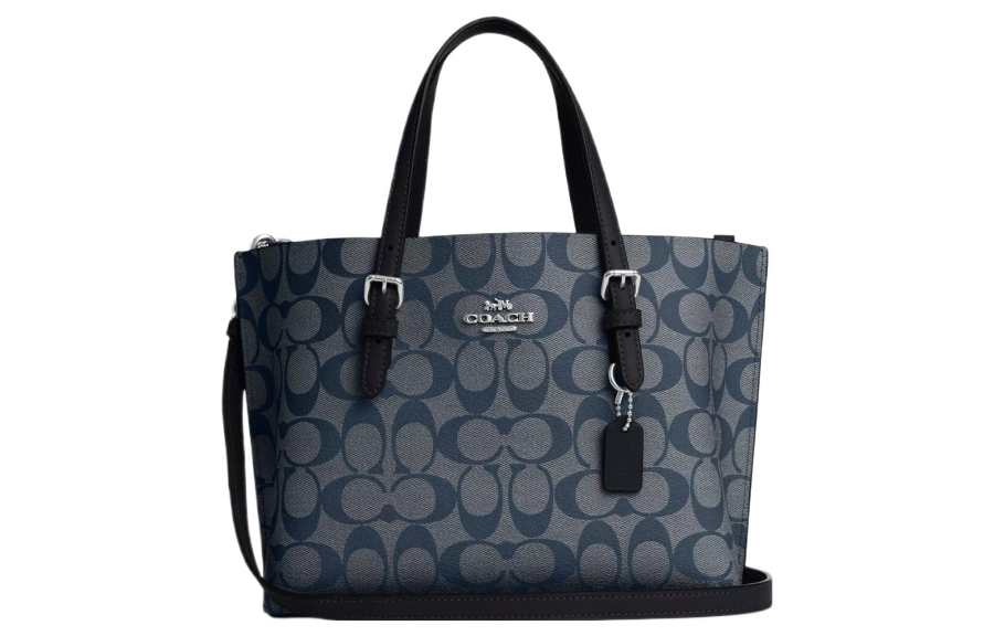 COACH Mollie Coated Canvas With Leather Tote Bag, Shopping Bag, Handbag 25 Women's Silver & Midnight Marine Blue