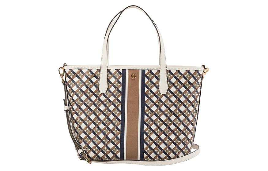 TORY BURCH GEO Coated Canvas With Leather Tote Bag, Shopping Bag, Portable Crossbody Bag, Shoulder Bag Mini Women's