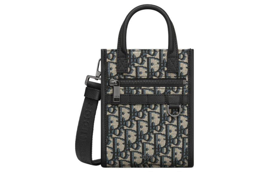 DIOR Oblique Printed Fabric And Grain Cow Leather Shoulder Bag Handbag Mini Men's Beige & Black