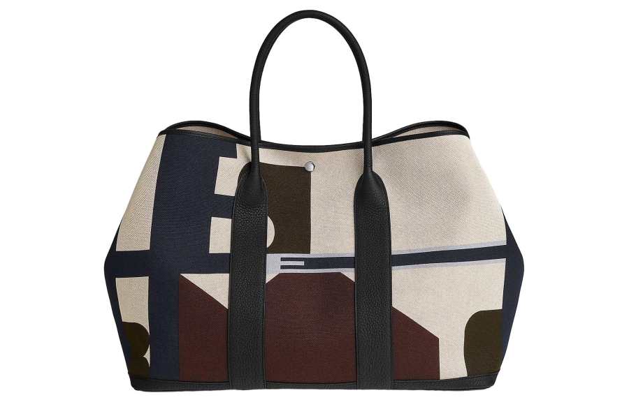 HERMES Garden Party H Plume Hermès Pacific Canvas With Negonda Calfskin Handbag 49 Women's Indigo/Light Beige/Black