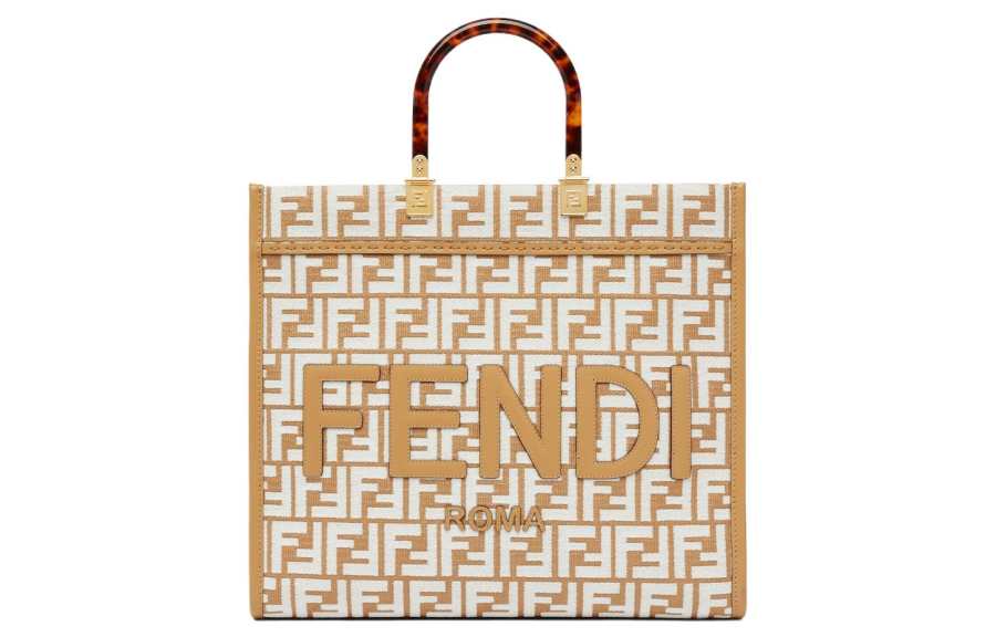 FENDI Sunshine Raffia With Leather Tote Bag, Shopping Bag, Shoulder Bag, Crossbody Bag, Handbag Medium Women's White