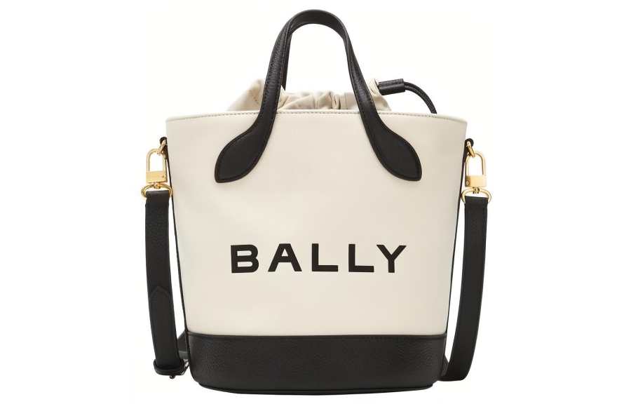 BALLY Fabric With Leather Bucket Bag, Handbag, Shoulder Bag, Crossbody Bag Medium Women's White