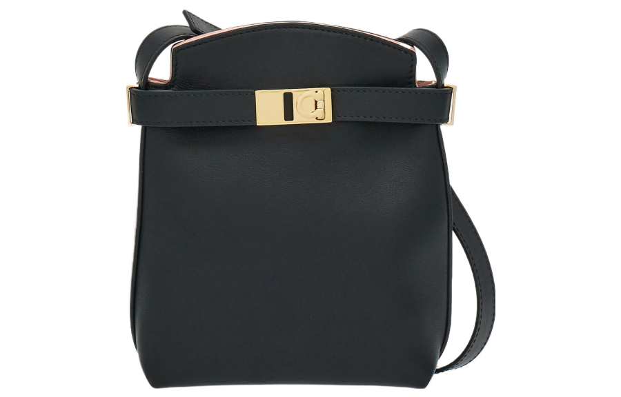 FERRAGAMO Gancini Calfskin Shoulder Bag, Crossbody Bag Regular Women's Black & Nude Pink