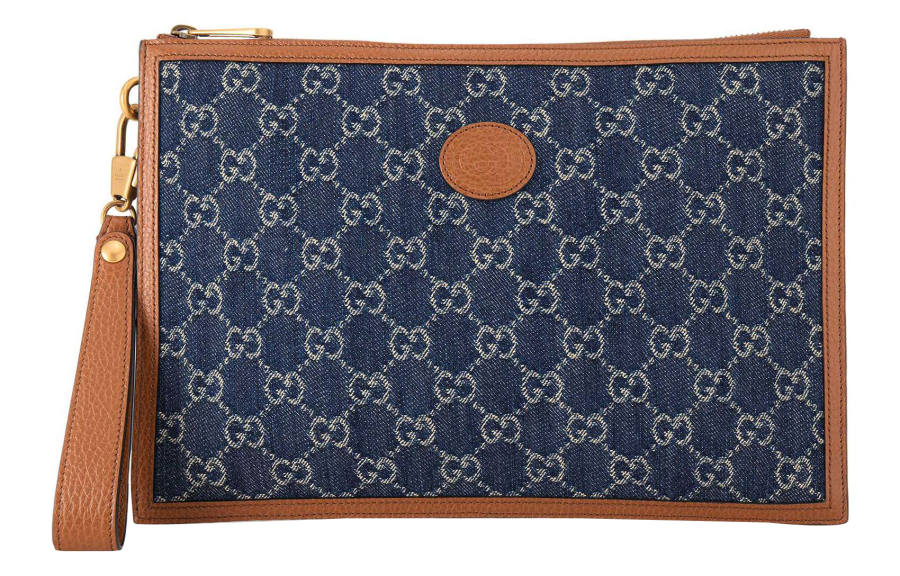GUCCI GG Denim With Leather Clutch Regular Men's Blue/Brown