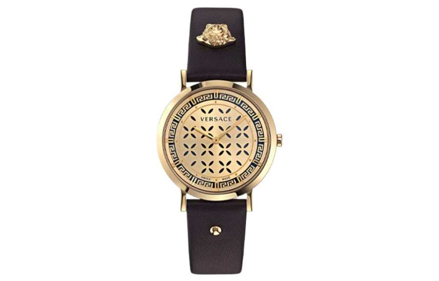 VERSACE Wrist Watches Quartz Movement Cow Leather Strap 36mm Gold Dial Women's Watch Box Limited Edition+Silk Scarf
