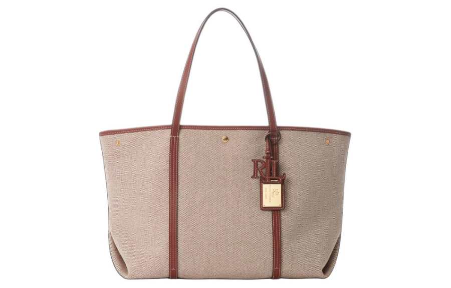 LAUREN RALPH LAUREN Canvas With Leather Tote Bag, Shopping Bag, Handbag, Shoulder Bag Large Women's Umber