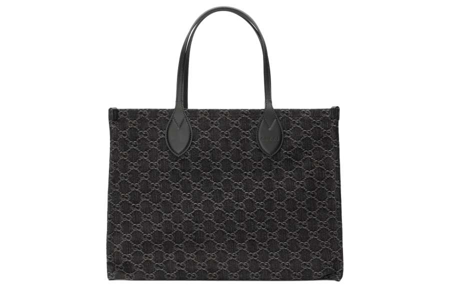 GUCCI Ophidia Denim With Leather Binding Tote Bag, Shopping Bag, Handbag Large Women's Black & Gray