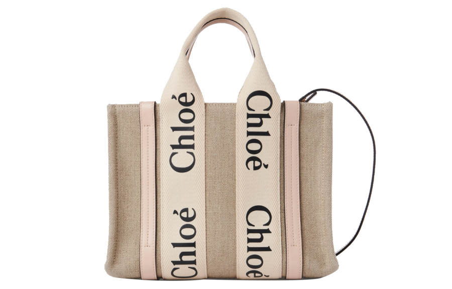 Chloé Chloe Woody Linen With Canvas And Calfskin Detail Tote Bag, Shopping Bag, Handbag Small Women's Pink