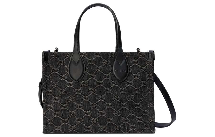 GUCCI Ophidia Denim With Leather Binding Tote Bag, Shopping Bag, Handbag Medium Women's Black & Gray