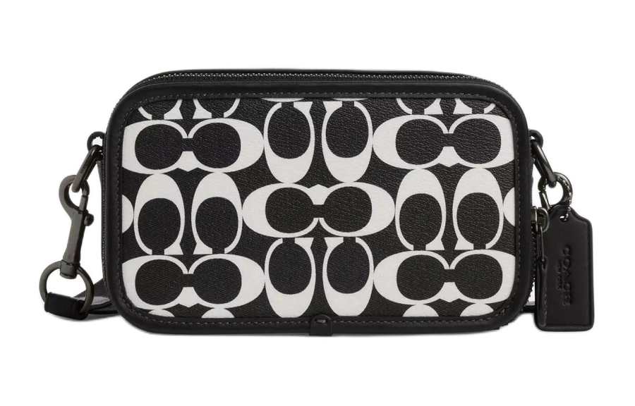 COACH Calfskin Camera Bag, Shoulder Bag, Crossbody Bag Small Unisex Black & White
