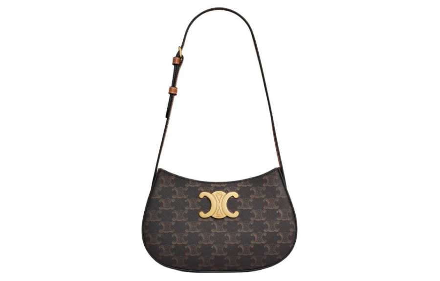 CELINE Tilly Canvas With Calfskin Handbag, Shoulder Bag Medium Women's Brown & Black
