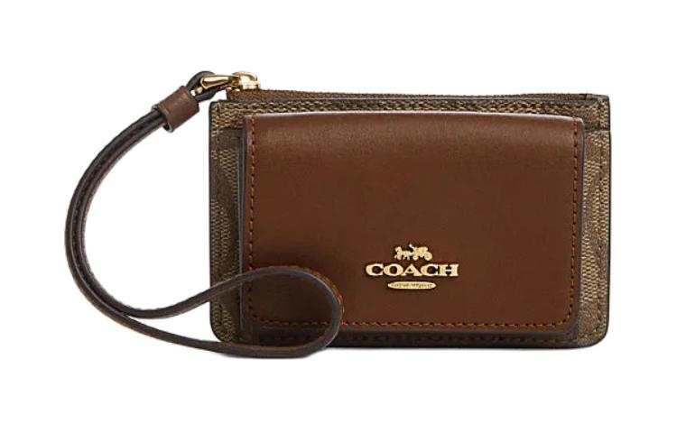 COACH Card Case PVC With Split Leather Card Holder Women's Khaki & Saddle Brown