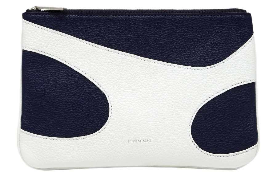 FERRAGAMO Calfskin Clutch Men's Optical White & Midnight Blue