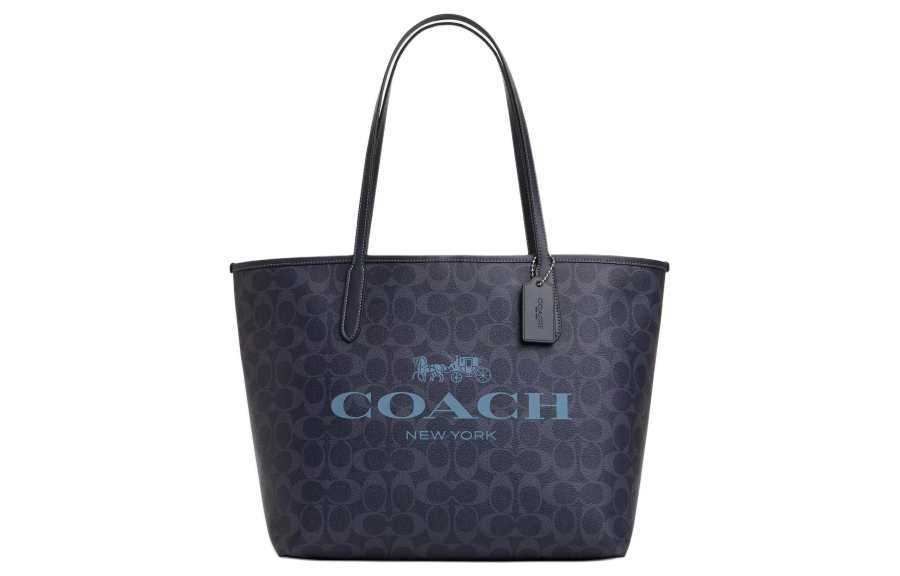 COACH City Canvas Magnetic Closure Brand Logo Label Tote Bag, Shopping Bag, Handbag Large Women's Midnight Marine Blue