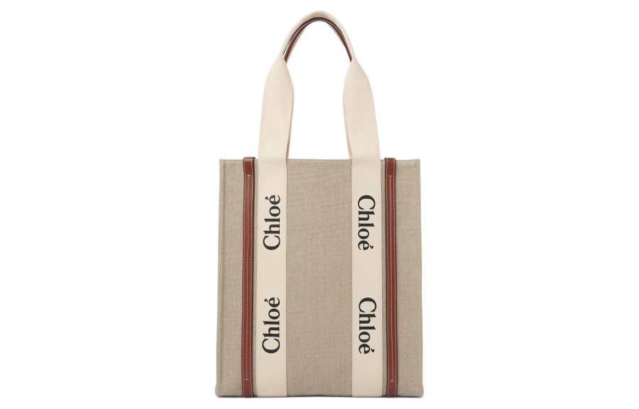 Chloé Chloe Woody Linen Canvas With Cow Leather Canvas Bag, Tote Bag, Shopping Bag, Handbag Women's Tan
