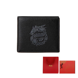 HLA Chinese Dragon Collection Cow Leather With Fabric Short Wallet Men's Black