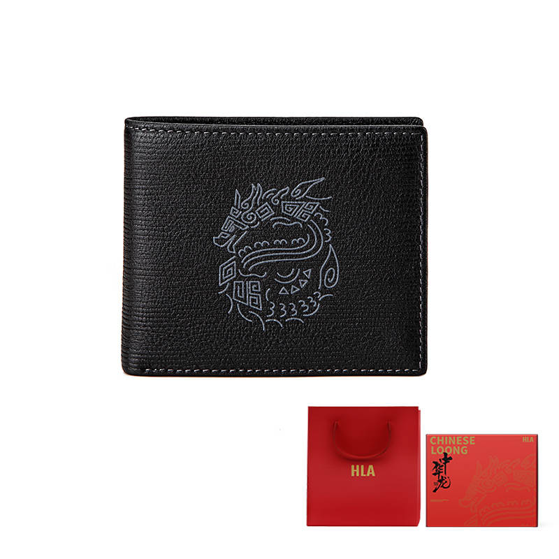 HLA Chinese Dragon Collection Cow Leather With Fabric Short Wallet Men's Black