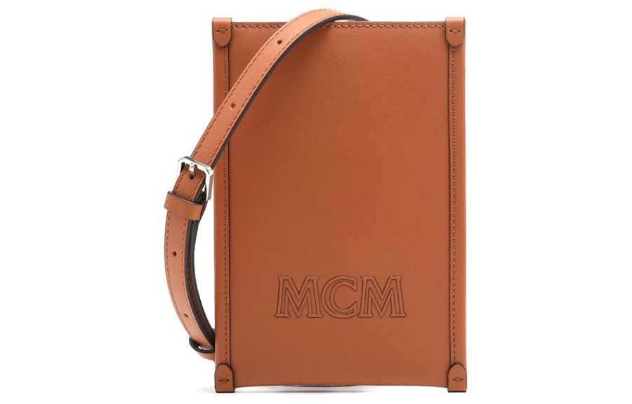 MCM Aren Calfskin One Shoulder Crossbody Cell Phone Pouch Unisex Cognac Brandy