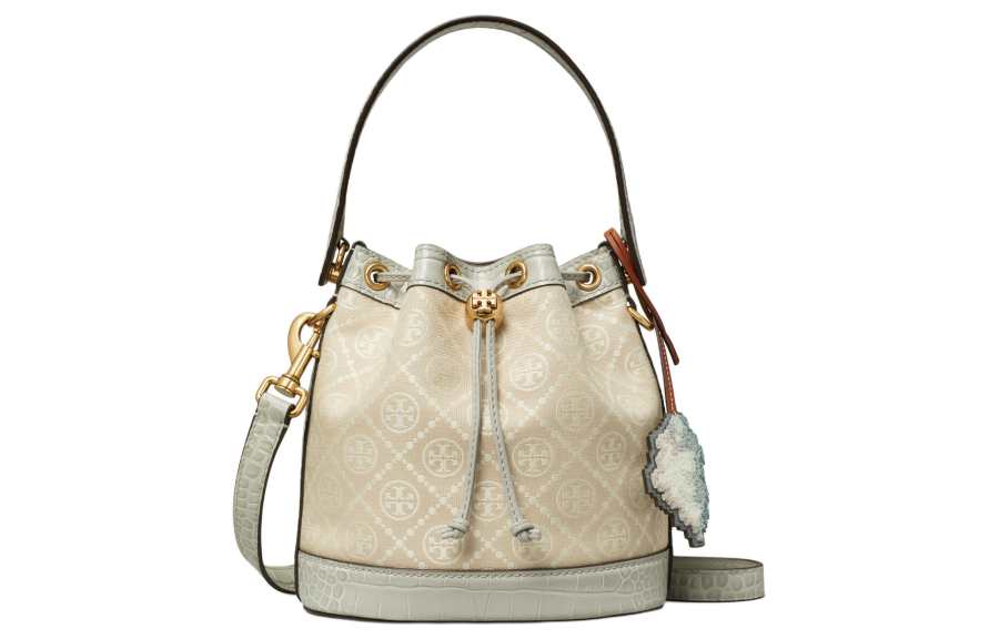 TORY BURCH T Monogram Fabric With Cow Leather Bucket Bag, Shoulder Bag, Crossbody Bag, Handbag Medium Women's Mist Gray
